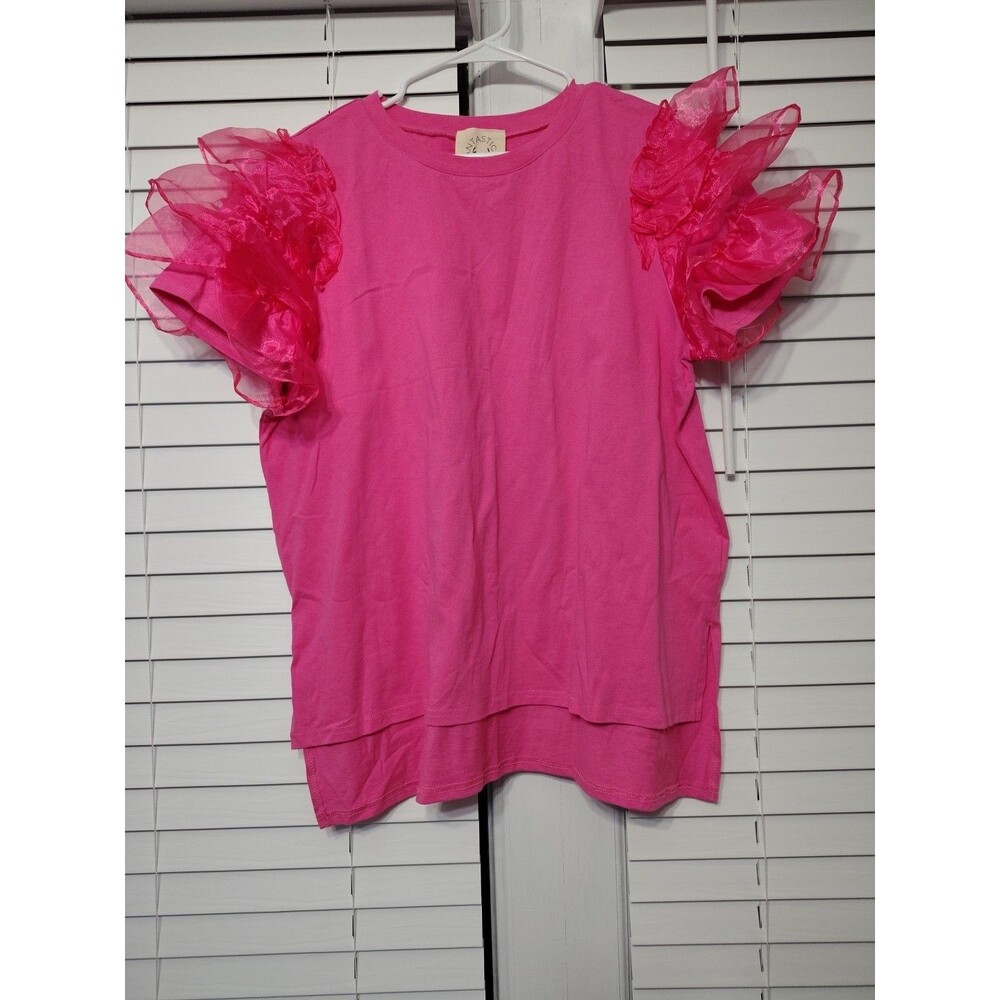 Fantastic Fawn Fuchsia Short Sleeve Blouse T Size Large Puffy Tired Sleeves